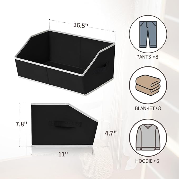 Homsorout Trapezoid Closet Shelf Organizer - Large Baskets for Organizing, Fabric Storage Cubes for Shelves, Storag Organizers Bins for Clothes, Blankets, 3 Pack, Black