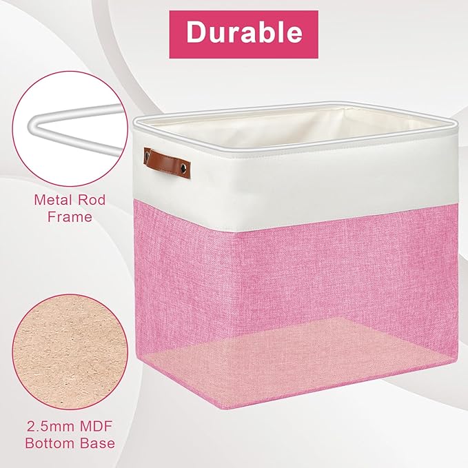 Bagnizer Large Fabric Storage Baskets | 50L Storage Bins, Decorative Linen Closet Baskets with Handles for Organizing, Shelf, Toys, Clothes, Home, Office, Nursery, 17x12x15Inches (Pink&White)