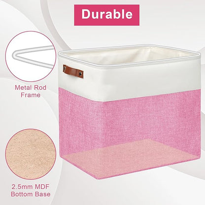 Bagnizer Large Fabric Storage Baskets | 50L Storage Bins, Decorative Linen Closet Baskets with Handles for Organizing, Shelf, Toys, Clothes, Home, Office, Nursery, 17x12x15Inches (Pink&White)