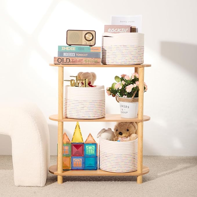 MiniArk Small Basket for Organizing | Cube Shelf Closet Storage Baskets | 9.7×9.7×7.1” | Woven Rope Gift Basket | Nursery | Round 3 Packs Rainbow