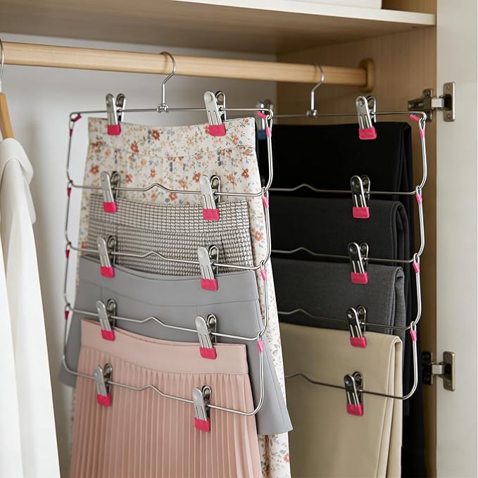 Skirt Pants Hangers with Clips,6Tier Skirt Hangers Space Saving,Metal Multi Pants Hangers and Storage Multi Clothes Shorts Hanger Organization,Space Saving Hangers with Clips (Rose, 4-Piece Set)