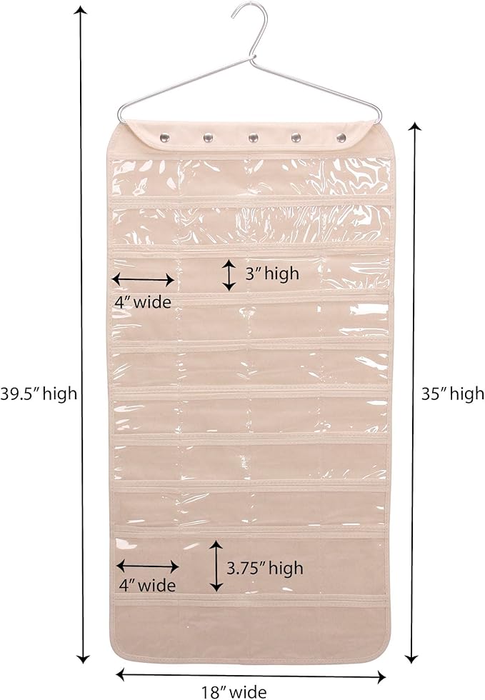 Household Essentials 80-Pocket Hanging Jewelry and Accessories Organizer, Natural Canvas,White, 5"