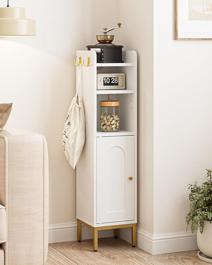 Bathroom Storage Cabinet, Small Corner Floor Hutch with Door and Adjustable Shelves, Narrow Toilet Paper Cabinet with Two Hooks, Bathroom Organizer for Small Spaces