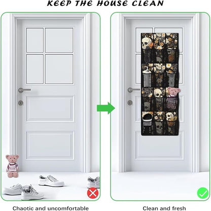 Skull Flowers 12-Pocket Over Door Hanging Shelves - Adjustable Compartments for Spices, Snacks, Cosmetics - Easy No-Tools Assembly