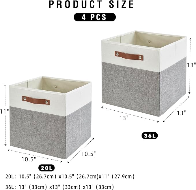 Bagnizer Collapsible Fabric Storage Cube Bins with 2 Reinforced PU Handles, Foldable Storage Organizer Baskets for Closet, Shelves, Living Room | 13"x13"x13", 4 Pack, Gray & White