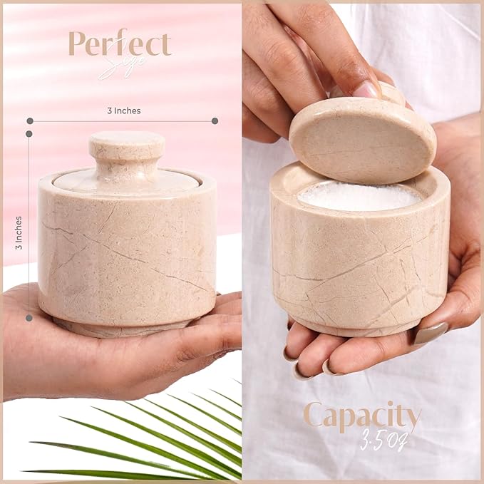 MARBLOUS KRAFTS Marble Salt Cellar with Lid 3" Verona Small Seasoning Dish, Perfect Salt Bowl for Kitchen Countertop Storage, Spice Jars