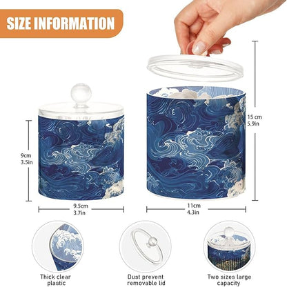 2 Pack Qtip Dispenser Apothecary Jars with Lids Cotton Round Holder Bathroom Canisters for Cotton Swab Floss Ball Pads Clear Plastic Decorative Blue Ocean Waves
