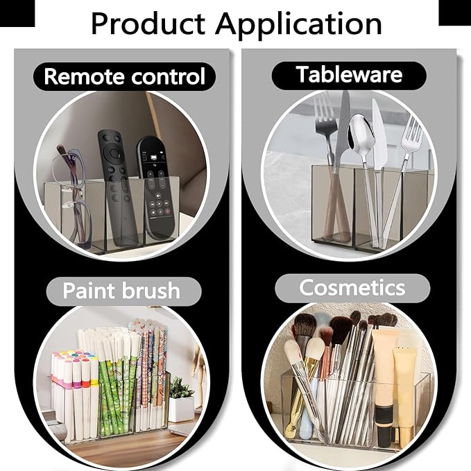 2 Pack Translucent Gray Makeup Brush Holder, 3 Compartment Plastic Pen Organizer, Acrylic Silverware Caddy for Storage Desk Vanity Pencil Utensil Marker Cutlery (Translucent Gray)
