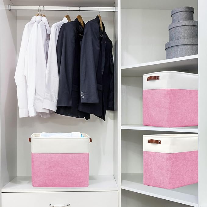 Bagnizer Large Fabric Storage Baskets | 50L Storage Bins, Decorative Linen Closet Baskets with Handles for Organizing, Shelf, Toys, Clothes, Home, Office, Nursery, 17x12x15Inches (Pink&White)