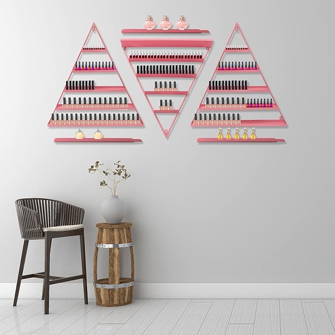 Elegant Gold Wall Mounted Nail Polish Rack - Set of 6 Triangular Cosmetic Display Shelves for Essential Oil Bottles, Organize Your Lipsticks and Perfumes in Style at Home or Salon (Pink)