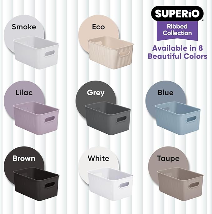 Superio Ribbed Collection - Eco-Friendly Decorative Plastic Basket Open Home Storage Bins Organizer Basket and Lid, Medium (1 Pack) Containers for Organizing Closet Storage Bins for Shelves - 5 Liter