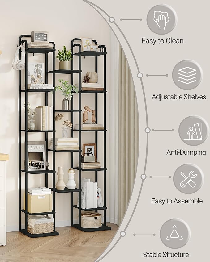Hzuaneri Vertical Shoe Rack, Shoe Shelves, Wood Shoe Organizer for Closet, Entryway, Shoe Tower for Small Spaces, Free Standing, Adjustable, with 2 Hooks, 10 Tier Black SR11204B