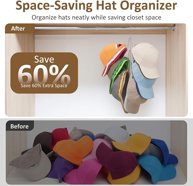 ZEDODIER Hat Organizer for Closet, Rotatable Hat Hanger Holds 18+ Baseball Caps, Space Saving Metal Hat Rack & Cap Holder, No Assembly Required, Hat Storage for Men Women, Silver, 1 Pack