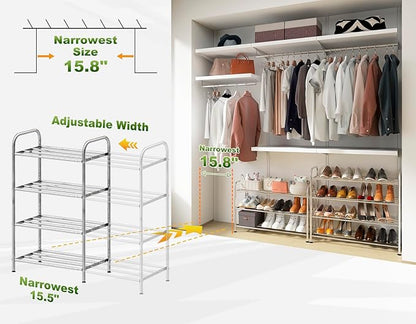 4-Tier Expandable Shoe Rack – Adjustable Heavy Duty Organizer Shelf | 100% Stainless Steel & 4-Rod Stretchable | Small Space Shoe Rack for Closet Entryway (15" to 27", Silver)