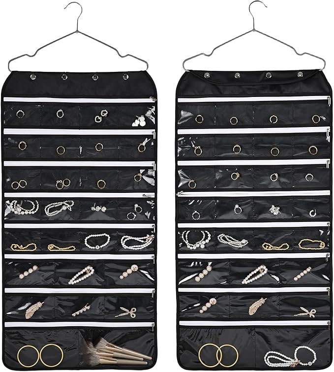 Hanging Jewelry Organizer Storage Roll 56 Zippered Pockets with Detachable Hanger Double-Sided Foldable, Travel Jewelry Holder for Earrings, Rings, Bracelets, Hanging on Closet, Wall, Door, Black