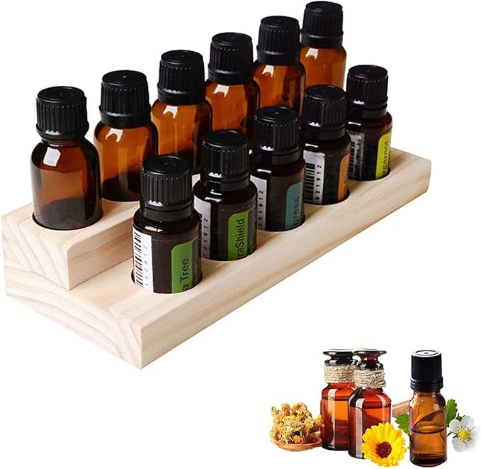 RoseFlower 11 Slots Wooden Essential Oil Organizer, Nail Polish Shelf, Durable wood Makeup Display Stand, Makeup Storage Rack for Tabletop Essential Oils Perfume Rack for 5/10/15/20ml Bottles