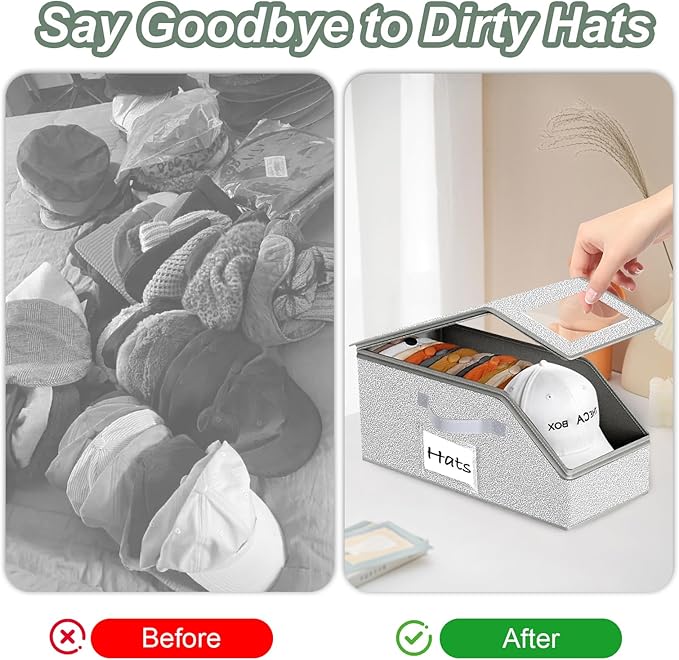 Hat Organizer for Baseball Caps 2PCS Stackable Storage with Clear Window Lid, Flip-Top Access, Space-Saving Hat Box for Closet, Breathable Fabric (Grey)