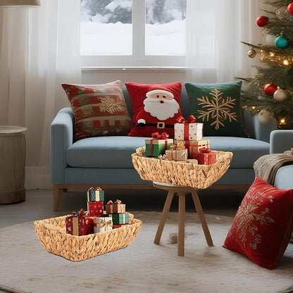 Wicker Storage Baskets with Wooden Handles, Hand-Woven Water Hyacinth Storage Organizers for Throw Blankets, Bedroom, Living Room, Laundry(2 Pack)