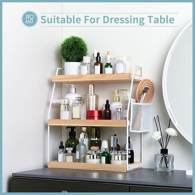 Uneviesyka Bathroom Counter Organizer, 3-Tier Standing Storage Shelf with Basket, Wood Tray for Skincare Vanity Organizer(White)