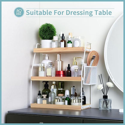 Uneviesyka Bathroom Counter Organizer, 3-Tier Standing Storage Shelf with Basket, Wood Tray for Skincare Vanity Organizer(White)