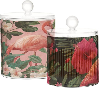2 Pack Qtip Dispenser Apothecary Jars with Lids Cotton Round Holder Bathroom Canisters for Cotton Swab Floss Ball Pads Clear Plastic Decorative Pink Black Tropical Flamingo and Plants