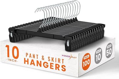 HOUSE DAY Pants & Skirt Hangers - 100 Pack Pants Hangers with Non-Slip Big Clips - Closet Hanger for Shorts, Shirts, Jeans, Slacks, Clothes, Clothing - Durable, Slim & Space Saving (Black 10 Inch)