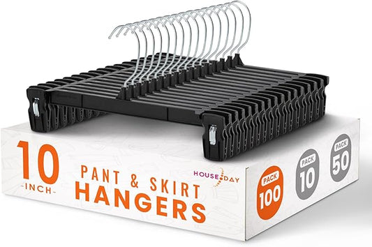 HOUSE DAY Pants & Skirt Hangers - 100 Pack Pants Hangers with Non-Slip Big Clips - Closet Hanger for Shorts, Shirts, Jeans, Slacks, Clothes, Clothing - Durable, Slim & Space Saving (Black 10 Inch)