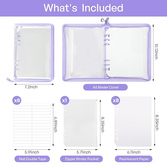 18PCS Press On Nail Organizer Clear Empty Press on Nail Packaging Set with 8 Insert Pages,8 nail double tape and 1 Zipper Pocket for Fake Nail Storage Nail Art Salon (purple)
