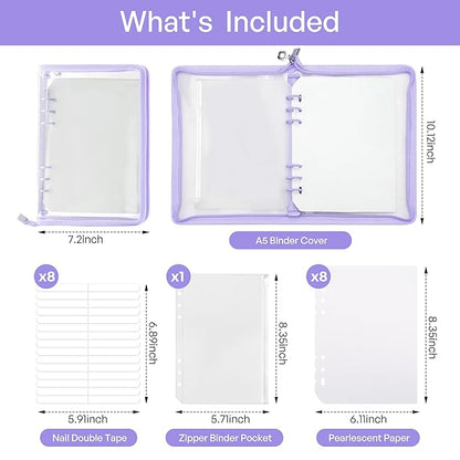 18PCS Press On Nail Organizer Clear Empty Press on Nail Packaging Set with 8 Insert Pages,8 nail double tape and 1 Zipper Pocket for Fake Nail Storage Nail Art Salon (purple)