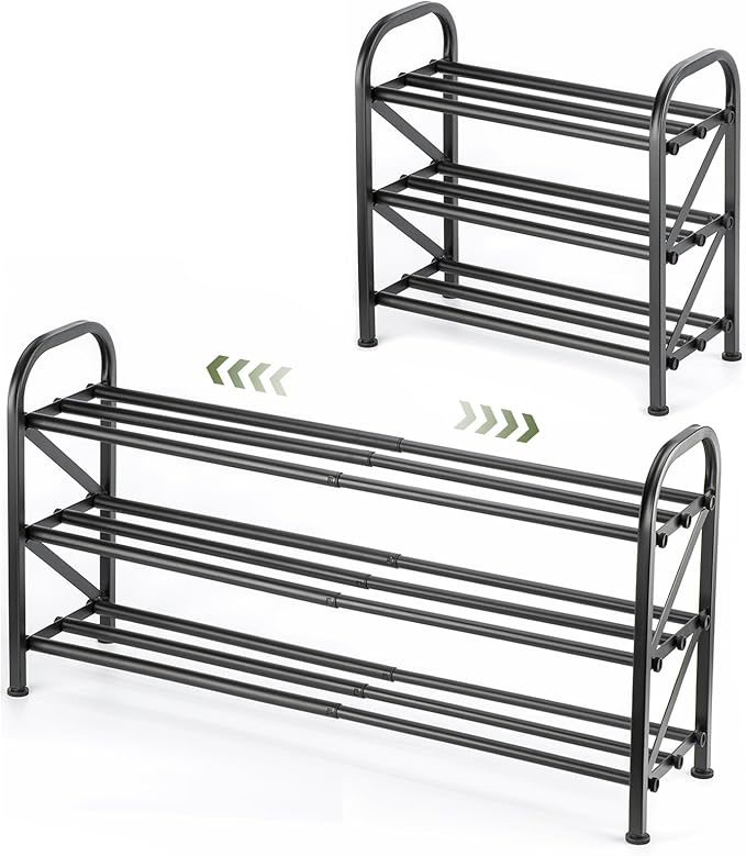 3-Tier Shoe Rack for Closet, 16"-32" Expandable ShoeRackAdjustable for Entryway Closet Doorway SturdyMetal, Black
