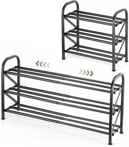 3-Tier Shoe Rack for Closet, 16"-32" Expandable ShoeRackAdjustable for Entryway Closet Doorway SturdyMetal, Black