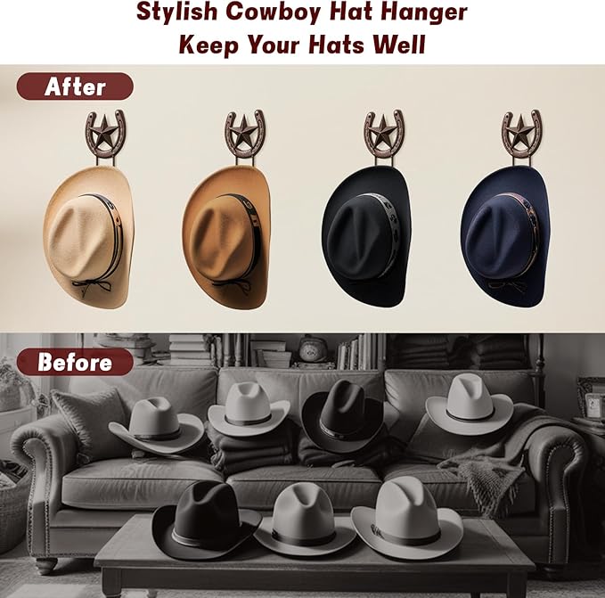 Cowboy Hat Hanger for Wall 4 Pack Cowboy Hat Holder Wall Mount Horseshoe Hooks Metal Hat Rack Hat Storage Western Wall Decor for Entryway Closet Bedroom Living Room Western Gift
