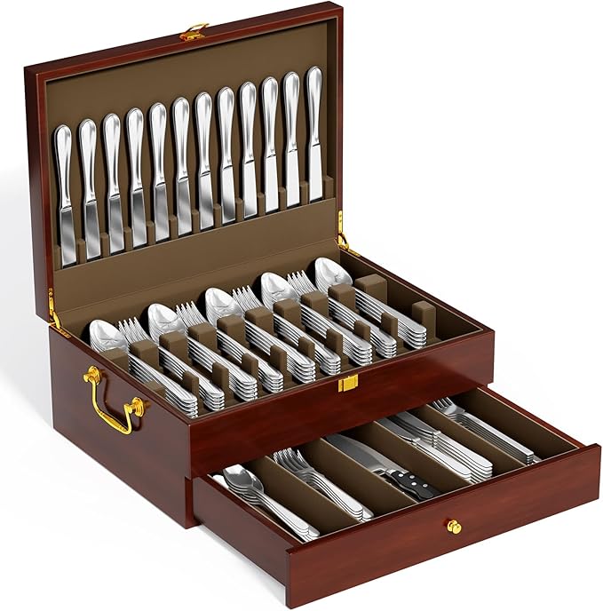 Walnut Silverware Storage Box,Silverware Flatware Case with Felt Lined,Flatware Storage Box for 12 sets of Utensils,Silverware Chest without Silverware,Silverware Organizer with Lid