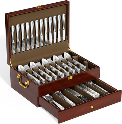 Walnut Silverware Storage Box,Silverware Flatware Case with Felt Lined,Flatware Storage Box for 12 sets of Utensils,Silverware Chest without Silverware,Silverware Organizer with Lid