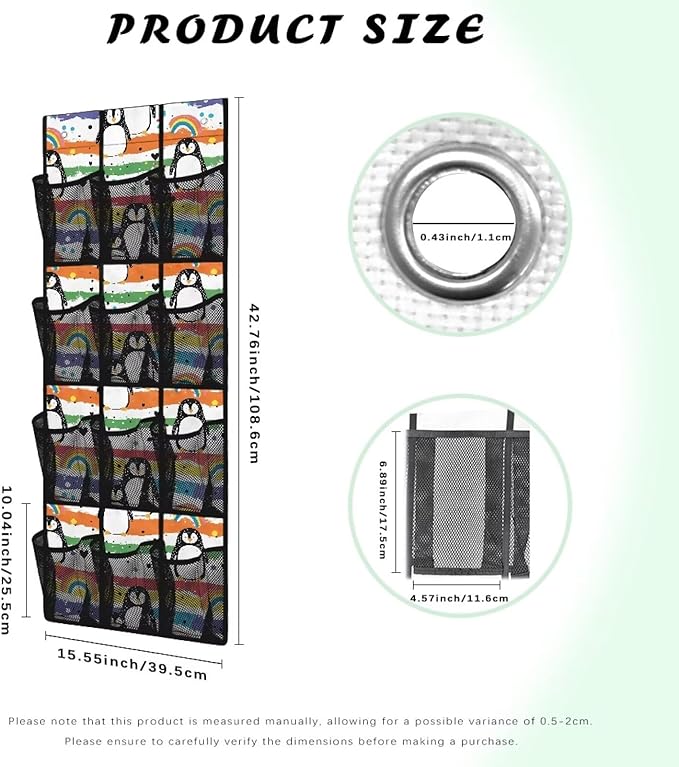 Cute Penguin Door Hanger Organizer Bathroom 12 Pockets Wall Hanging Storage Easy to Install Over The Door Shoe Organizer for Living Room Mesh Fabric Shoe Holder Hanger