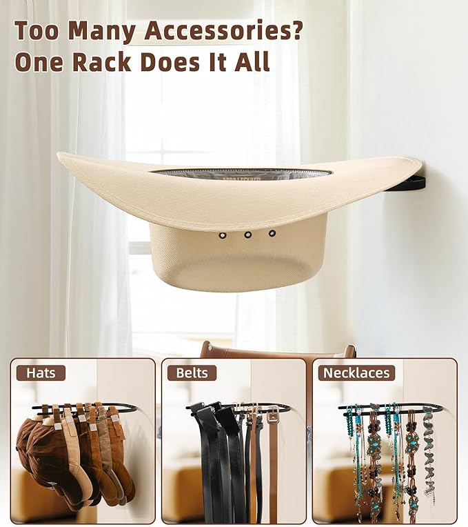4 Pack Cowboy Hat Rack for Wall, Metal Cowboy Hat Holder Wall Mounted, Hat Hanger for Wide Brim, Fedora, Baseball Caps, Rustic Hat Organizer for Entryway Bedroom Closet Horse Trailer, Black
