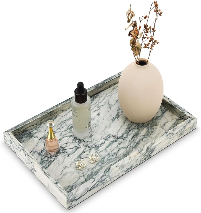 Real Natural Marble Tray for Bathroom, Vanity, Kitchen and Desktop, Rectangle Genuine Marble Stone Tray for Jewelry, Cosmetics, Candles, Lotion, Perfume (Cyan-Green, 12" x 8" x 1.2")