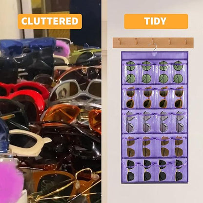 2 Pcs Sunglasses Organizer Storage Sunglass Holder for Wall Hanging Eyeglass Organizer for Multiple Glasses with 40 Clear Slots (PURPLE)