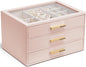 VLANDO Jewelry Box for Women, Glass Lid Jewelry Organizer with 3 Drawers for Necklaces Rings Earrings Bracelets Mother Day Gift for Mom - Dark Pink