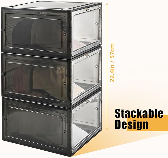 Hat Organizer Box,Stackable Clear Baseball Caps Holder Box Containers with Magnetic Door for Hats Snapback Cap Storage,Clear Hat Storage with Magnetic Door, Holds 60 Hats(black clear, 6 pack)