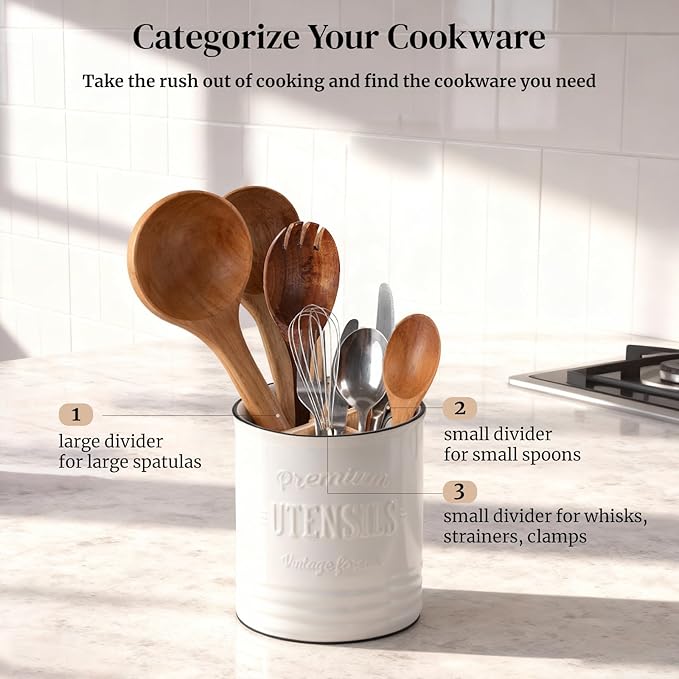 DOWAN 3 Compartment Kitchen Utensil Holder, 7.2″ Extra-Large Ceramic Stable Utensil Caddy, Rustic Cooking Utensil Crock for Farmhouse Kitchen Décor, Utensil Holder for Countertop