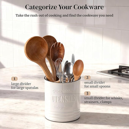 DOWAN 3 Compartment Kitchen Utensil Holder, 7.2″ Extra-Large Ceramic Stable Utensil Caddy, Rustic Cooking Utensil Crock for Farmhouse Kitchen Décor, Utensil Holder for Countertop