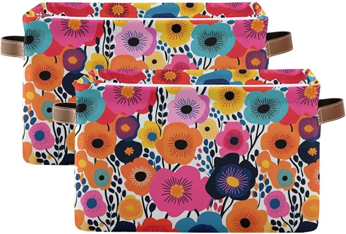 Large Storage Basket Cartoon Drawing Poppies Storage Bin Cube Canvas Fabric Organizer Handles Collapsible for Clothes Toys Bedroom Decorative