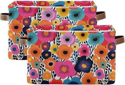 Large Storage Basket Cartoon Drawing Poppies Storage Bin Cube Canvas Fabric Organizer Handles Collapsible for Clothes Toys Bedroom Decorative