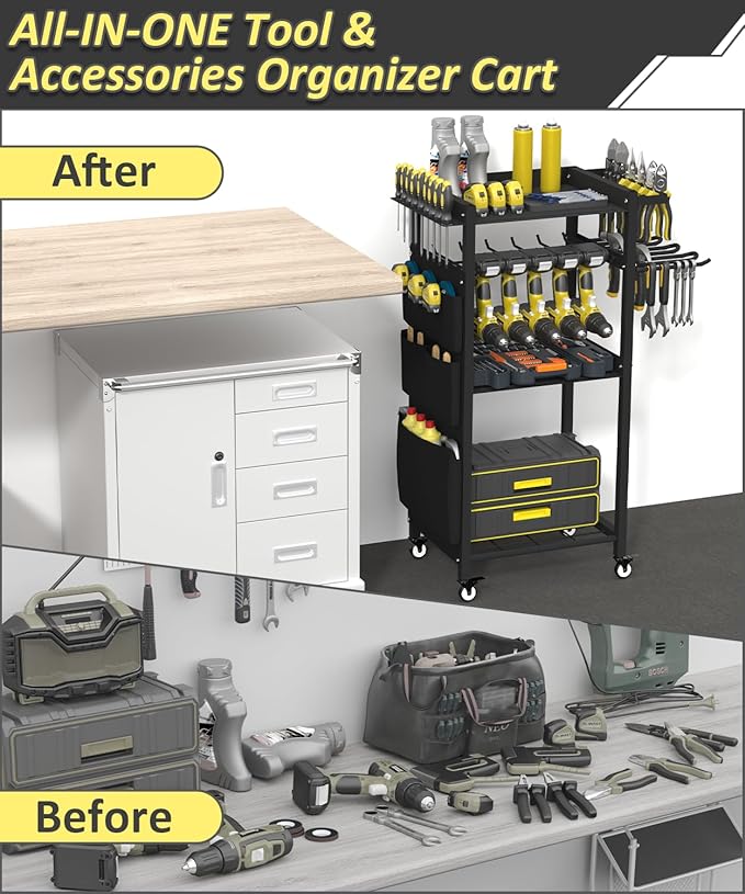 4-Tier Rolling Power Tool Organizer Storage Cart, Garage Organization on Wheels Tool Cart with Drill Set Rack Shelf, Mechanic Utility Cart for Workbench & Outdoors Working, Gift for Men Dad