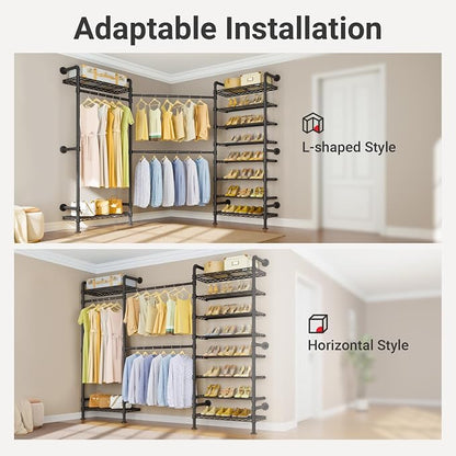 Timate S3 Wall Mounted Closet Organizer with Expandable Hanger Rods (24" to 36"), Heavy Duty Clothes Racks Industrial Wardrobe System with 8-Tier Shelves for Shoe Storage, Max Load 1050lbs, Black