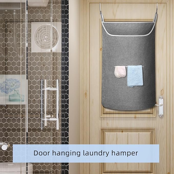 SAVERHO X-Large Hanging Laundry Hamper Bag, Door Hanging Hamper with Front Pocket Dirty Clothes Hanging Laundry Bag Large Size 35X22 inch Door Laundry Basket (Grey)