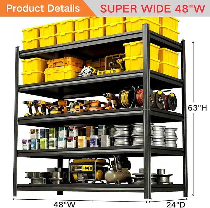 48''W Garage Shelving,3300LBS Heavy Duty Garage Shelving,63"H Industrial Shelving,Adjustable Storage Shelf Unit with Double Layer Posts for Garage,Basement,Warehouse,Commercial,Black 5 Tier