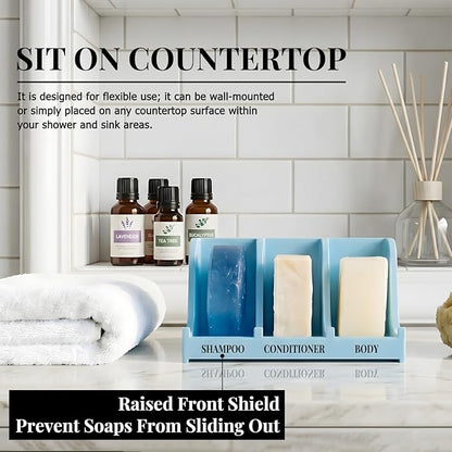 Soap Holder for Shower Wall, 3-Compartment Soap Dish for Shampoo, Conditioner and Body Soap, Fast Draining & Rust-Proof & Heavy Duty, Ultra-Strong Self Adhesive & Freestanding (Light Blue, Label)