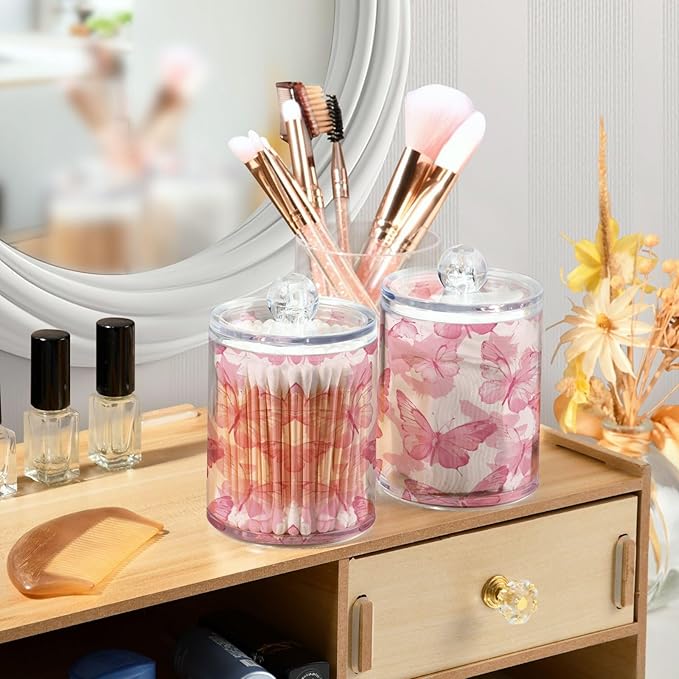 2 Pack Pink Butterflies Apothecary Jars with Lid, Qtip Holder Storage Containers for Cotton Ball, Swabs, Pads, Clear Plastic Canisters for Bathroom Vanity Organization (10 Oz)